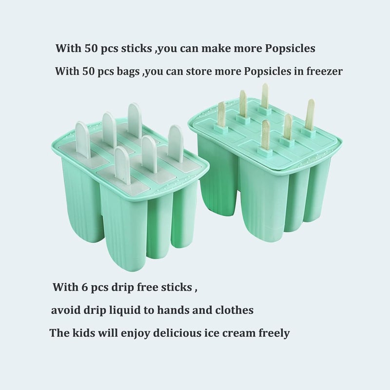 Wpunwen Silicone Popsicle Molds with Sticks 6 Cavity Ice Popsicle MoldsIce Cream Mold with Clean Brush 6 Reusable Sticks 50 Sticks 50 Bags Green - Image 4
